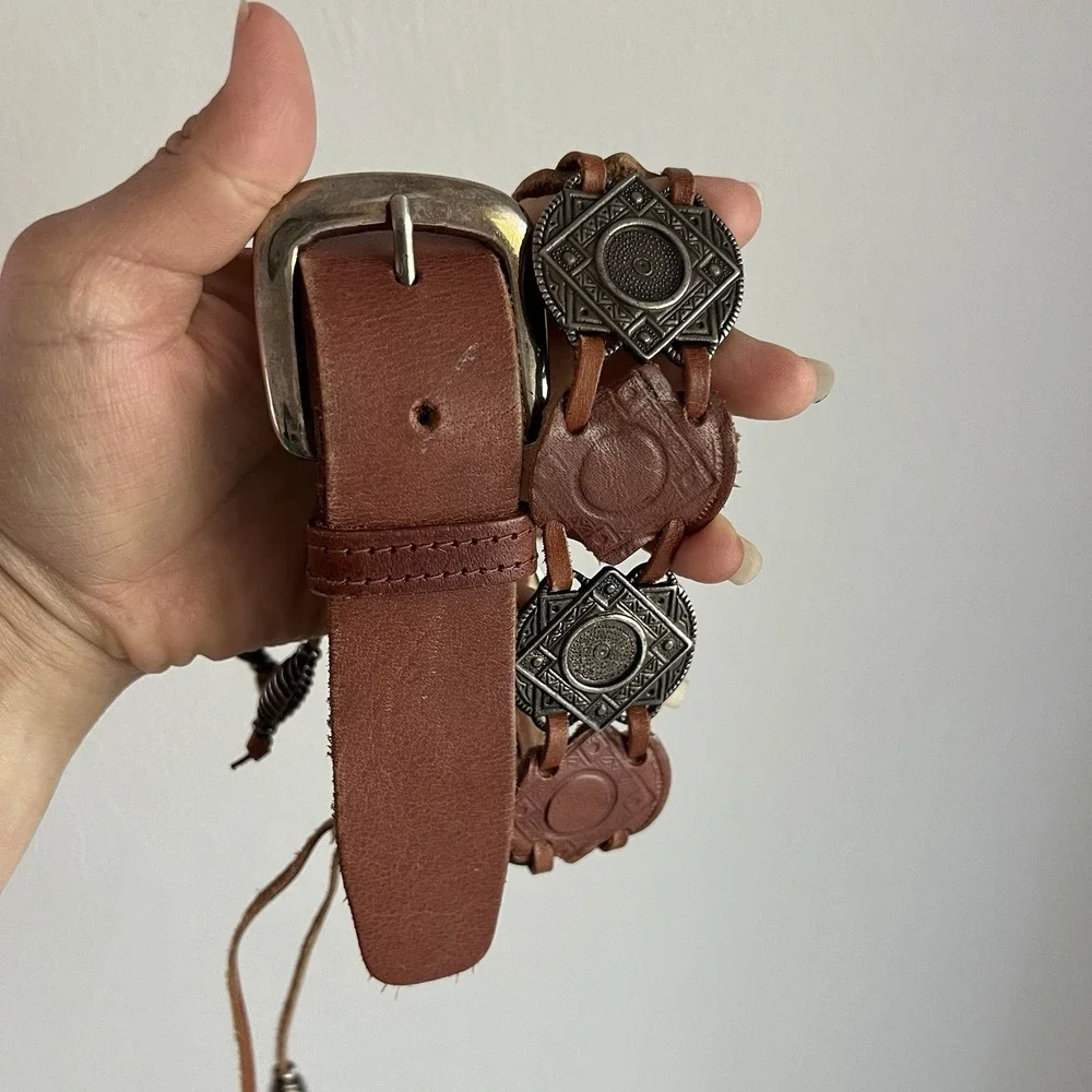 Vintage Genuine Leather Concho Belt Brown Boho Southwestern Silver Medallion L